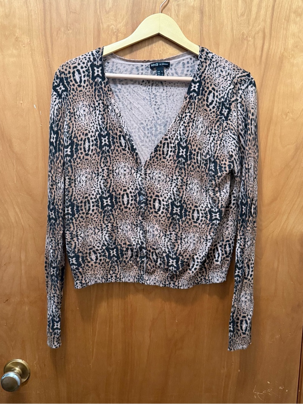 MNG V-Neck Animal Print Cardigan in Beige & Black